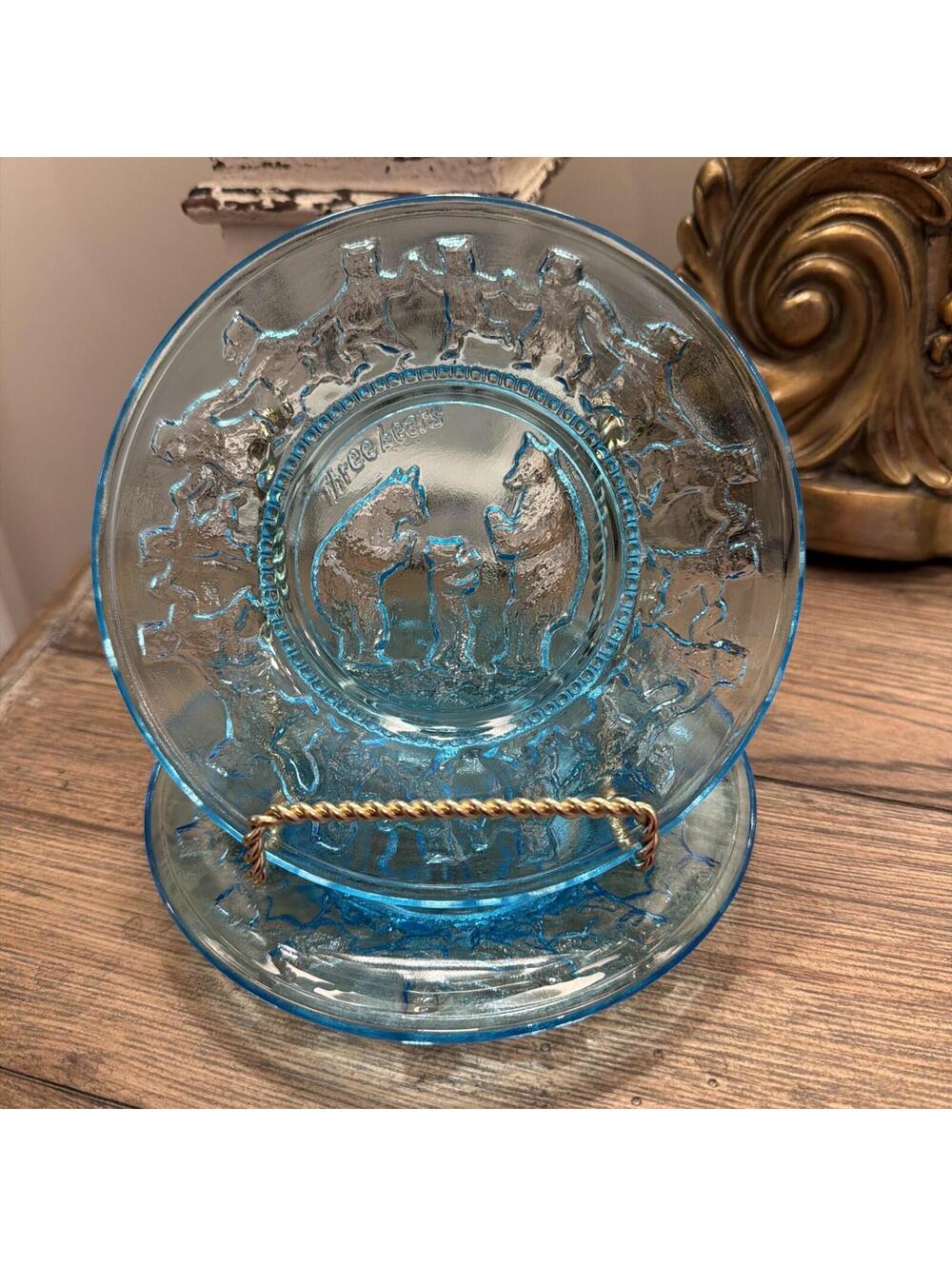 Indiana Glass Tiara Blue Nursery Rhyme  Plates 6 1/2"  Three Bears Set of 2
